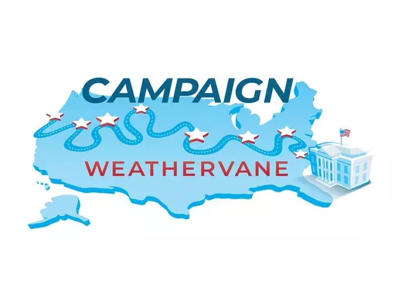 cartoon map of the US showing the road to the white house campaign weathervane logo