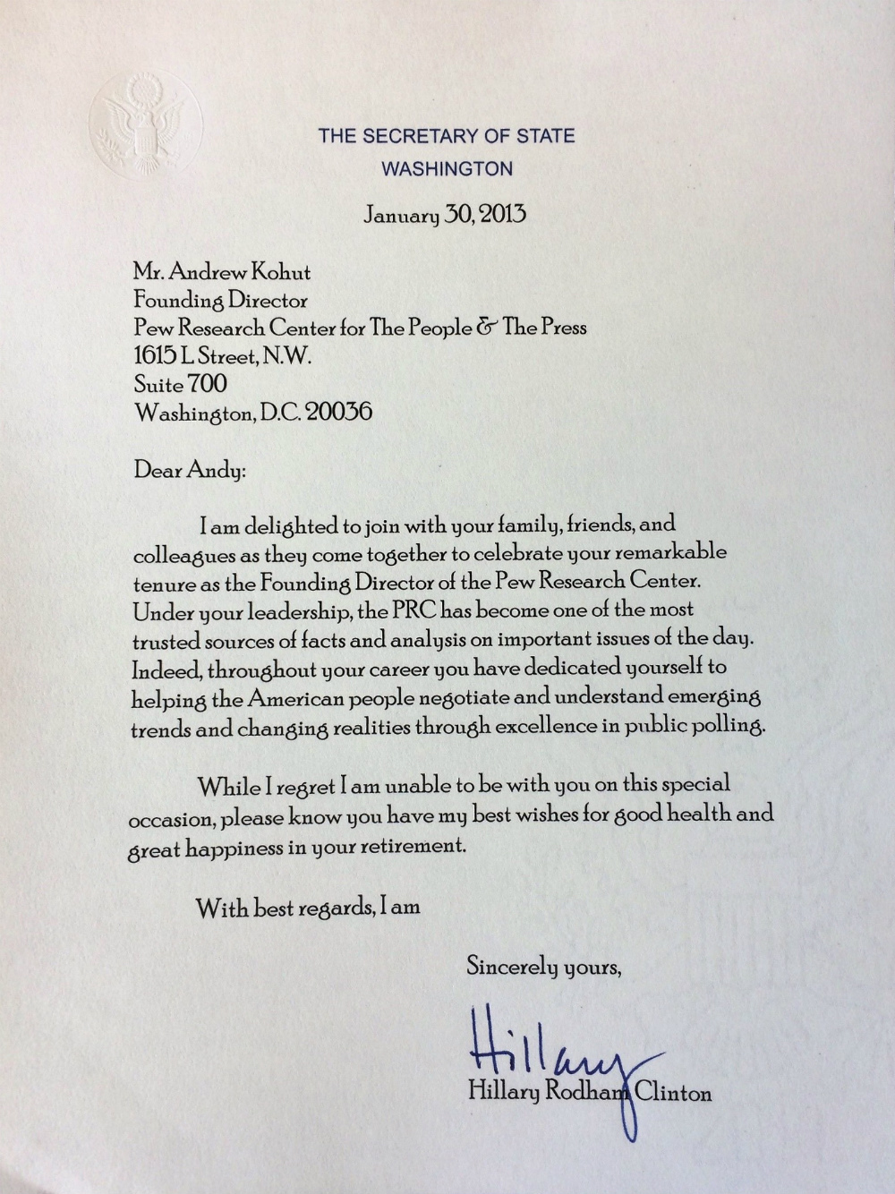letter from Hillary Clinton to Andrew Kohut