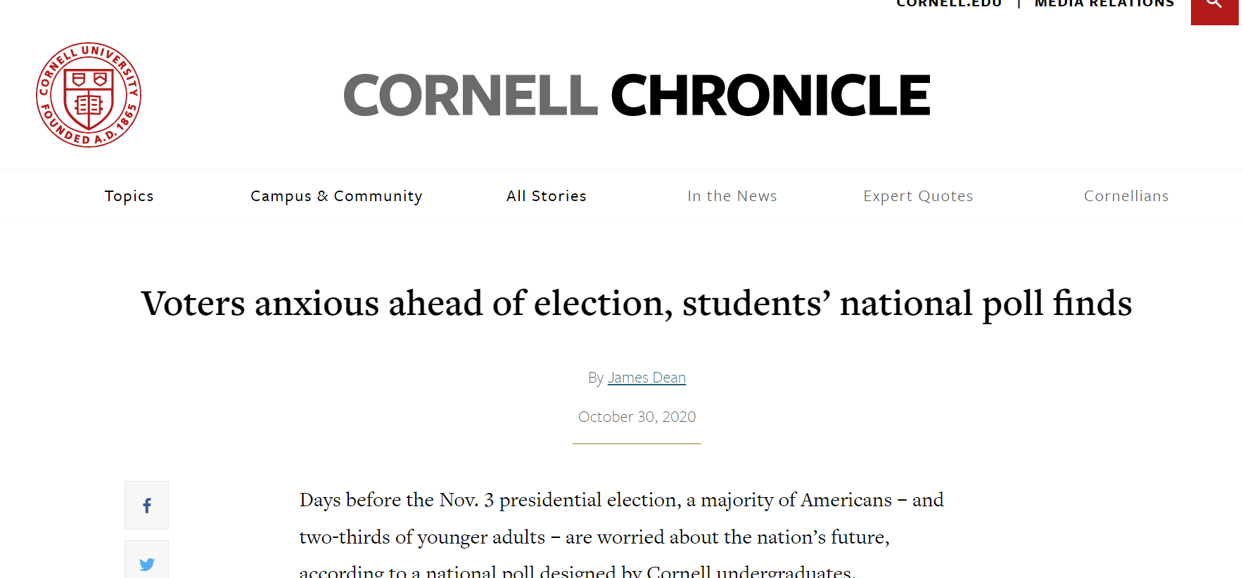 cornell chronicle headline voter's anxious ahead of election student's national poll shows