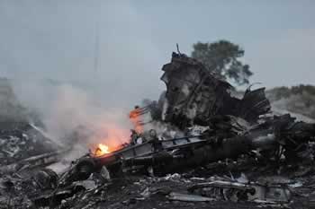 A worker extinguishes a fire among the wreckage of Malaysian Airlines Flight 17.