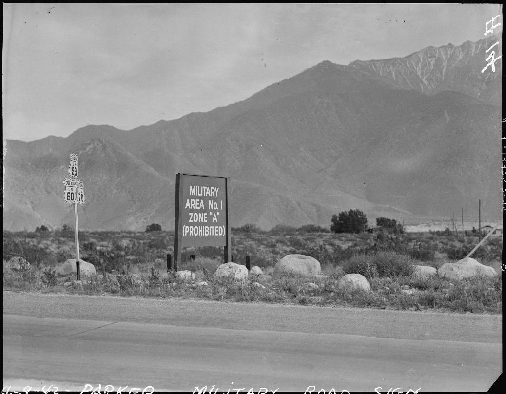 Poston, Arizona. Highway leading to the War Relocation Authority center for evacuees of Japanese ancestry on the Colorado River Indian Reservation. National Archives (ID: 536010)