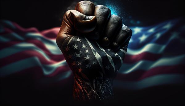 black american fist draped in a flag