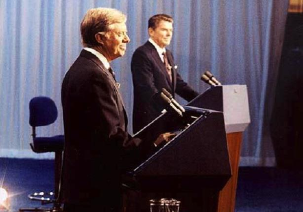 President Carter and former Governor Reagan at the presidential debate on October 28, 1980