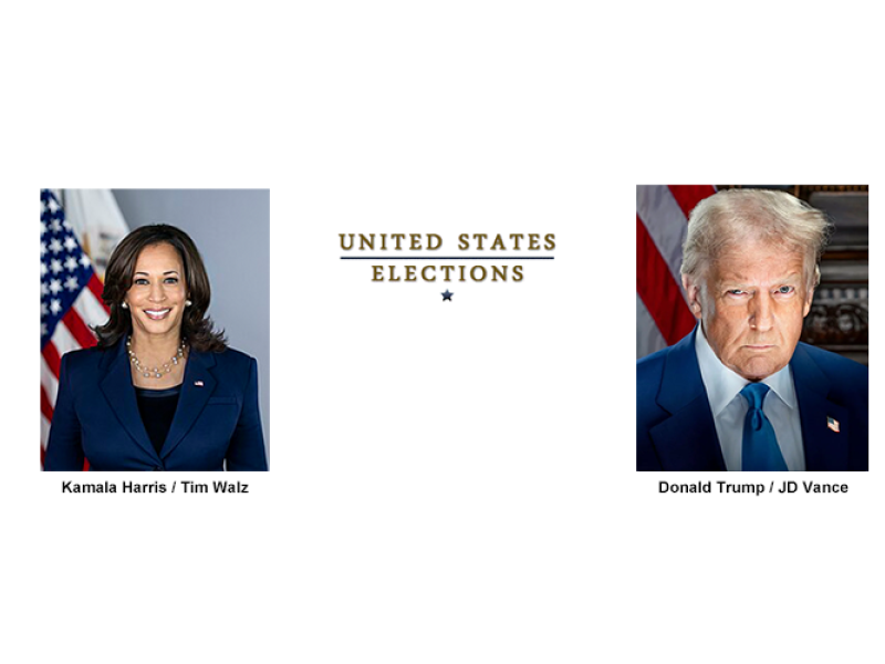 Headshots of Kamala Harris and Donald Trump