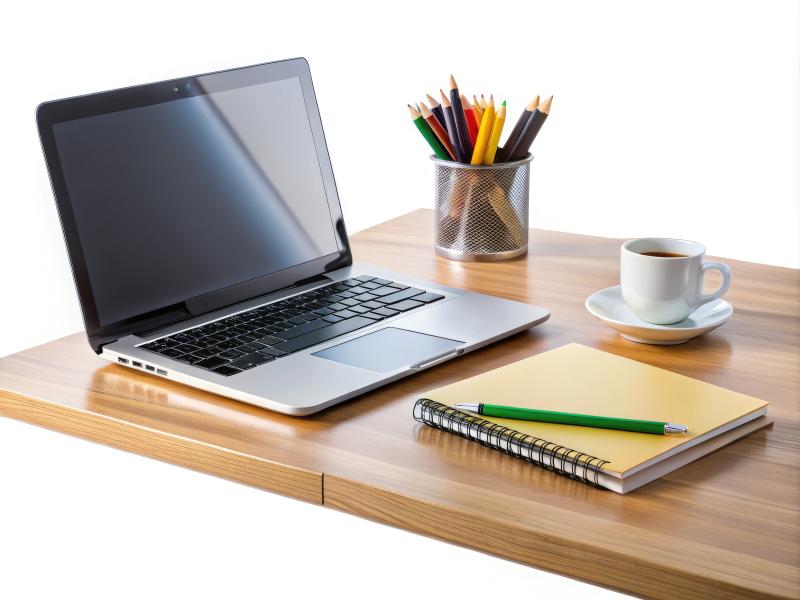 Image of laptop, notebook, and pencils on desk