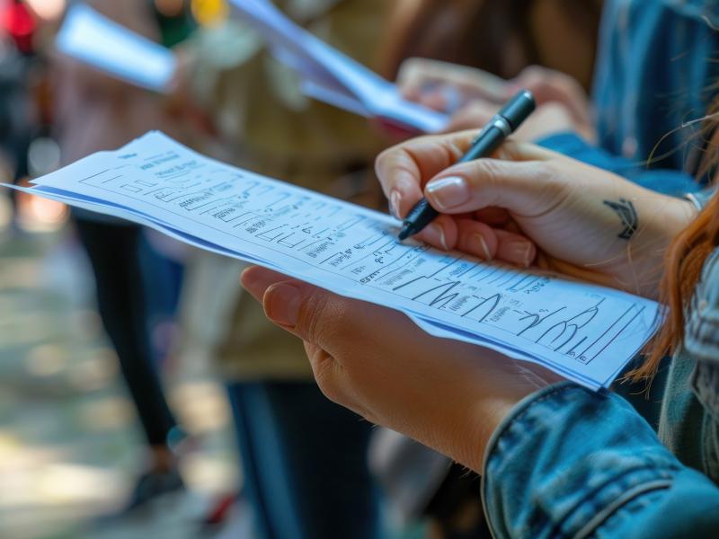 Close up of person's hand writing down survey responses