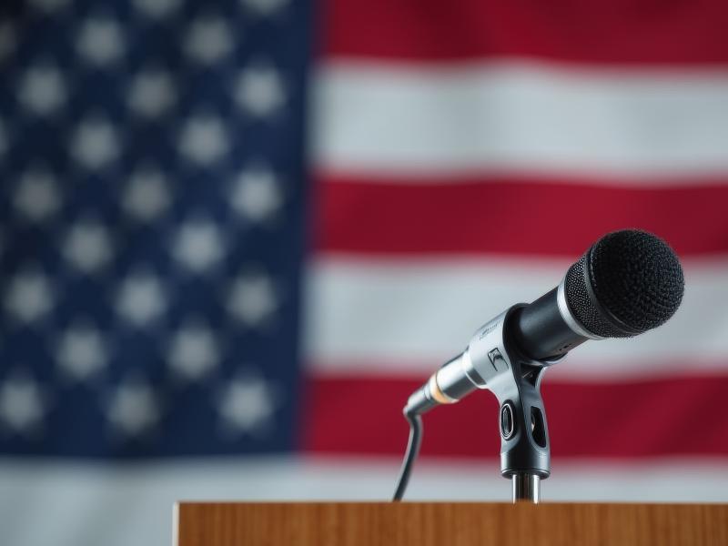 Image of microphone with American flag in the background