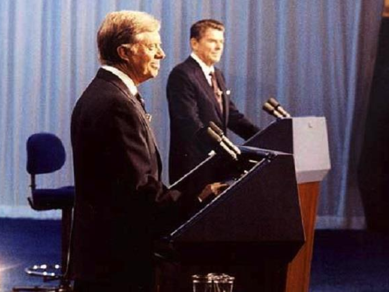 President Carter and former Governor Reagan at the presidential debate on October 28, 1980