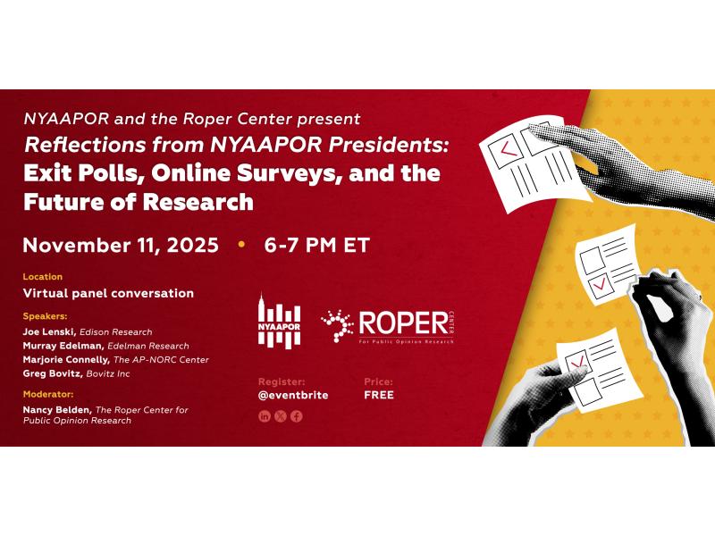 Poster promoting Exit Polls, Online Surveys, and the Future of Research event, showing with hands holding ballots and event details