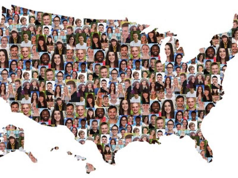 Image of United States filled with faces of many ethnicities