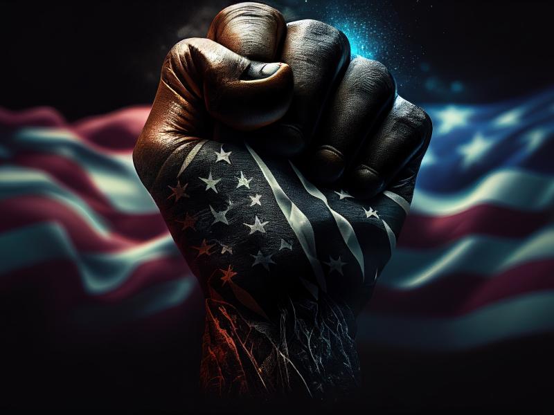 black american fist draped in a flag